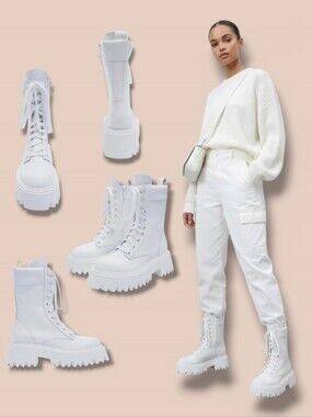 NEW 🤍 ZARA Women's White Leather Lug Sole Lace-Up Boots